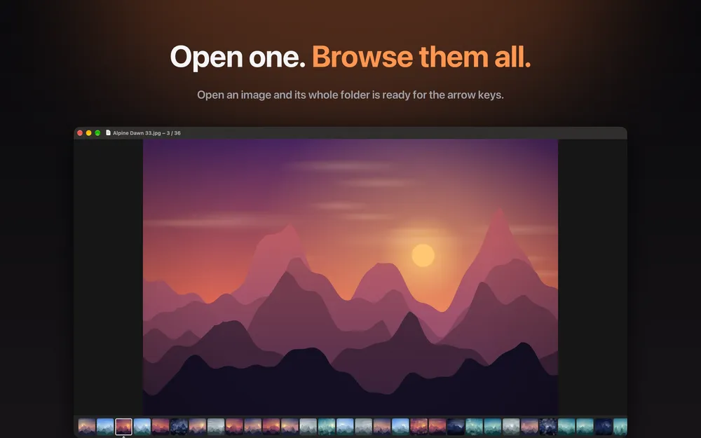 Belvue window showing a mountain sunset image with a thumbnail strip along the bottom and the headline 'Open one. Browse them all.'