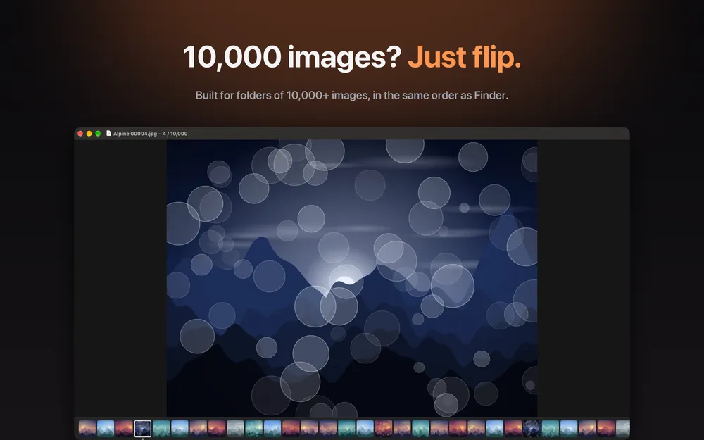 Belvue showing an abstract blue bokeh image from a folder of ten thousand images with a thumbnail strip