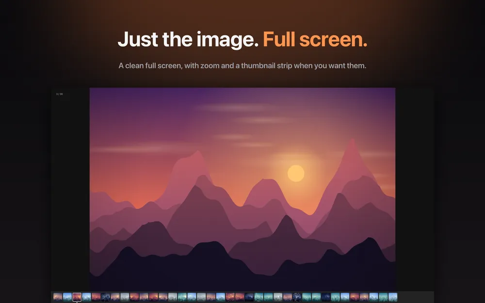 Belvue in full screen showing a mountain sunset image with a thumbnail strip at the bottom
