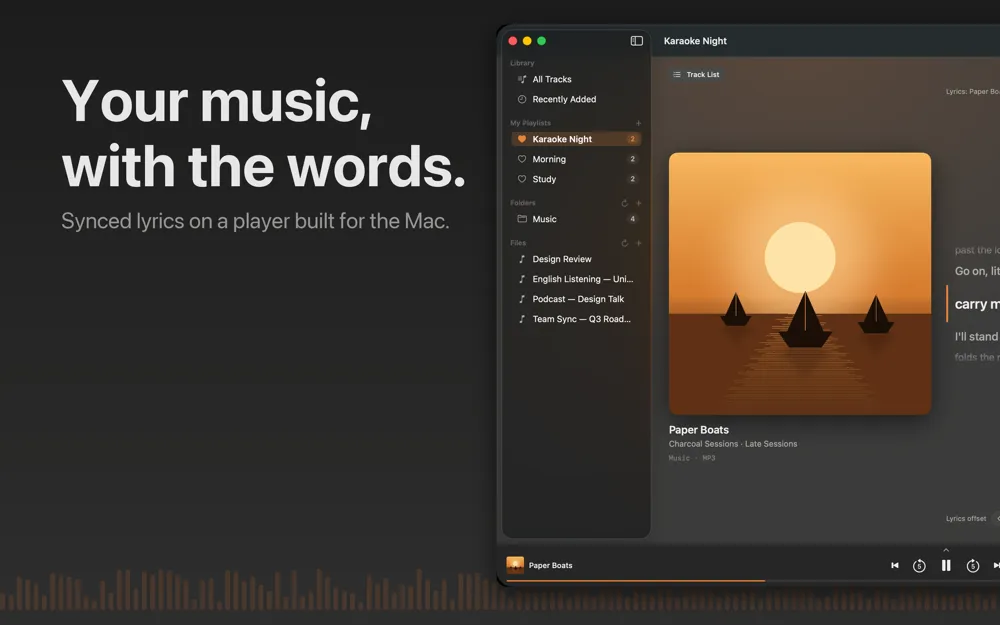 Charcoal Player on a Mac showing the Now Playing screen with large album artwork of sailboats at sunset, a sidebar with playlists and folders, and synced lyrics scrolling beside the cover