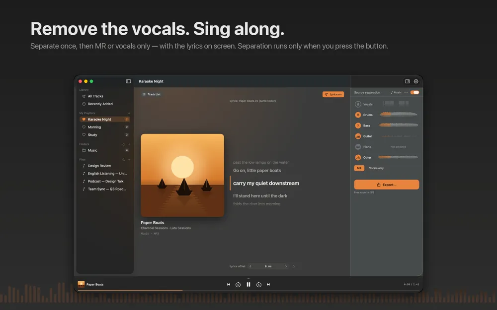 Charcoal Player with the source separation panel open, showing waveform lanes for vocals, drums, bass, guitar and piano that can be switched on and off