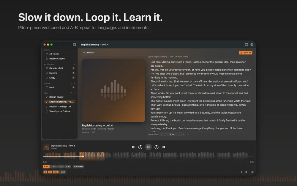 Charcoal Player playing an English listening lesson with a waveform, a highlighted A-B loop region and speed buttons from 0.5x upward