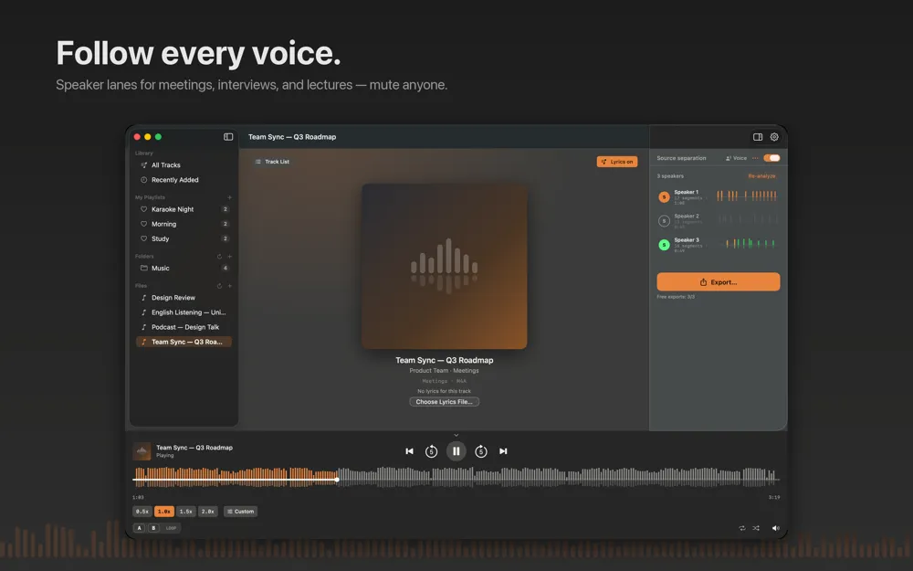 Charcoal Player showing a meeting recording split into three speaker lanes, each with its own switch