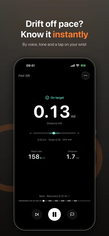 IntervalRunner running screen showing On target in green, 0.13 mi left in large digits, current pace 6:28 per mile against a 6:26 target and heart rate 158