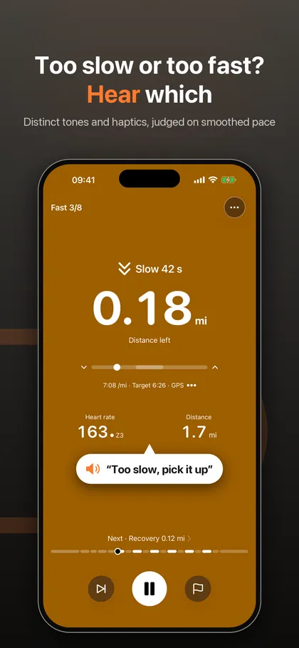Running screen on an amber background reading Slow 42 s with a voice bubble saying Too slow, pick it up