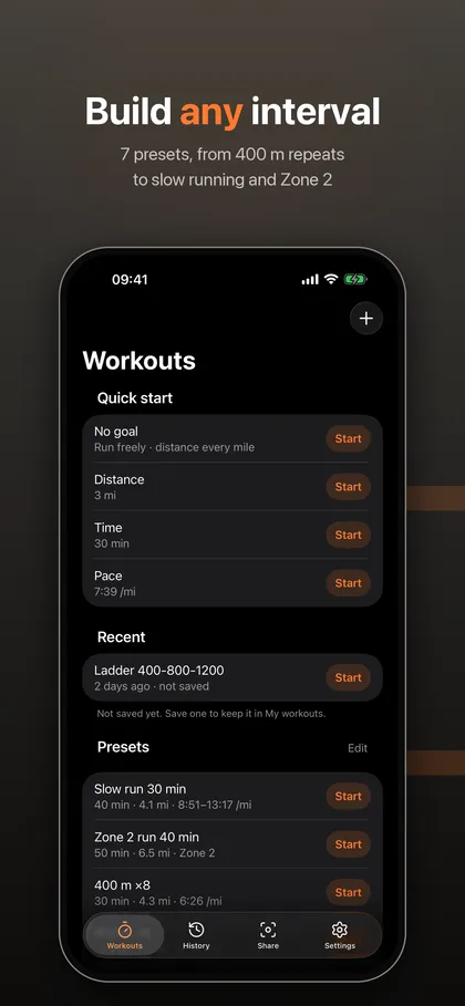 IntervalRunner workouts list with quick start, a recent ladder workout and presets such as Slow run 30 min and Zone 2 run 40 min
