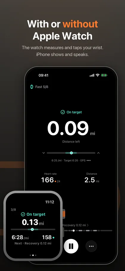 iPhone running screen with an Apple Watch shown in front, both reading On target