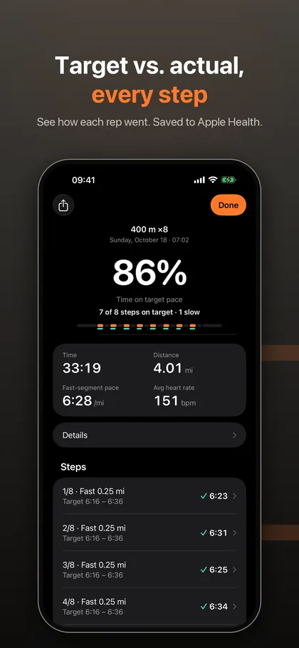 Summary of a 400 m x8 workout showing 86 percent time on target pace and a list of steps with target and actual times