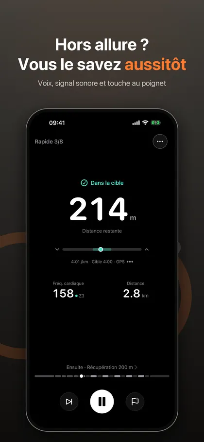 Écran de course d'IntervalRunner : « Dans la cible » en vert, 214 m restants en grand, allure 4:01 /km pour une cible de 4:00 et fréquence cardiaque 158