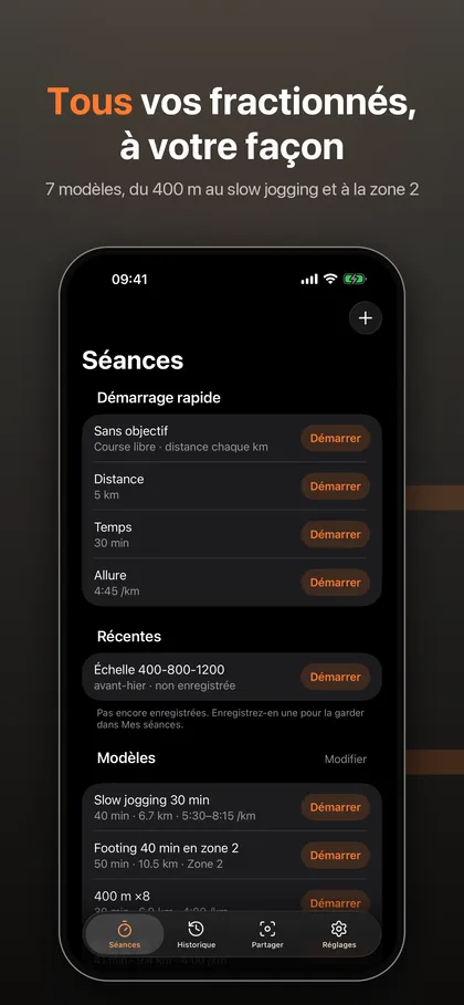 Liste des séances d'IntervalRunner avec démarrage rapide, récentes et modèles comme slow jogging 30 min et footing 40 min en zone 2