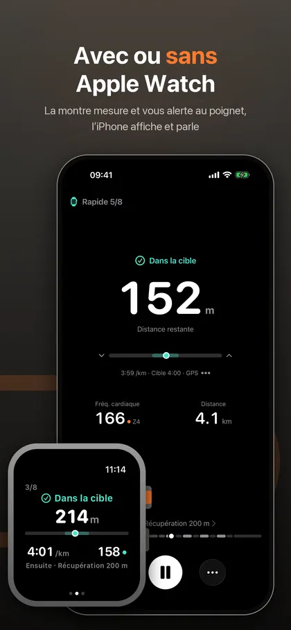 Écran de course iPhone avec une Apple Watch affichée devant, 152 m restants dans la cible
