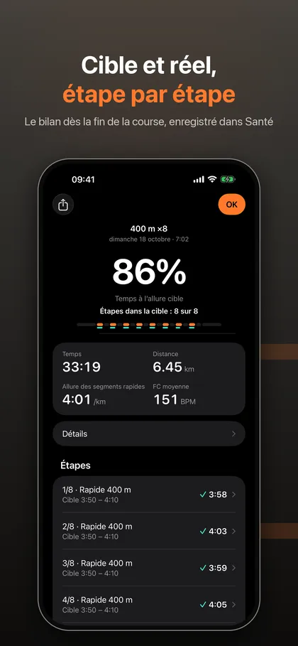 Bilan d'une séance 400 m ×8 : 86 % du temps à l'allure cible et liste des étapes avec cible et temps réel