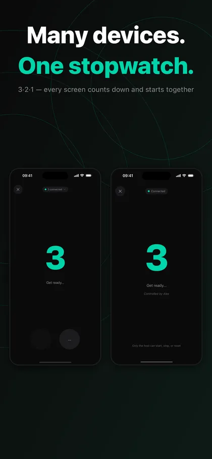 Two dark LapLync screens side by side, both showing the large number 3 of the 3-2-1 countdown before a shared start
