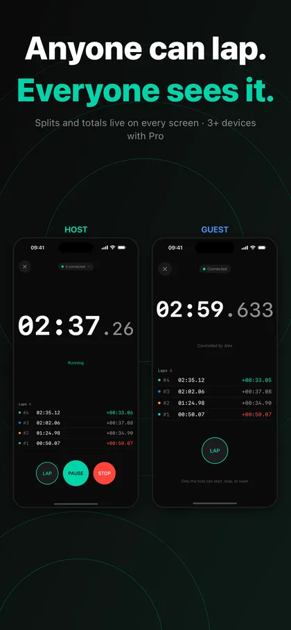 LapLync host and guest screens running 02:37 and 02:59 with a list of laps and split times below the stopwatch