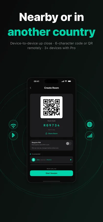 LapLync Create Room screen with a QR code, a 6-character room code, a PIN option and the list of connected devices