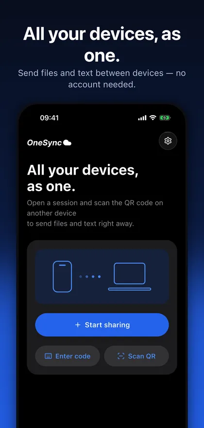 OneSync home screen on a dark blue background with the headline All your devices, as one, a Start sharing button, Enter code and Scan QR