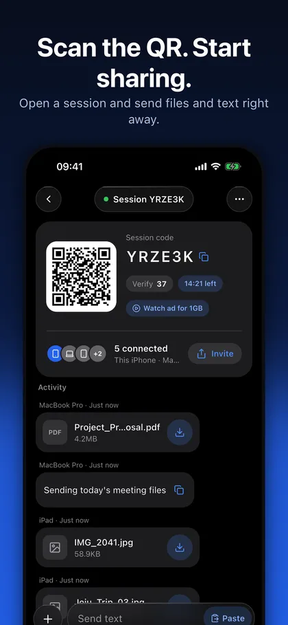 OneSync session screen with a QR code, session code, verification number, remaining time, connected devices and a list of sent files and text