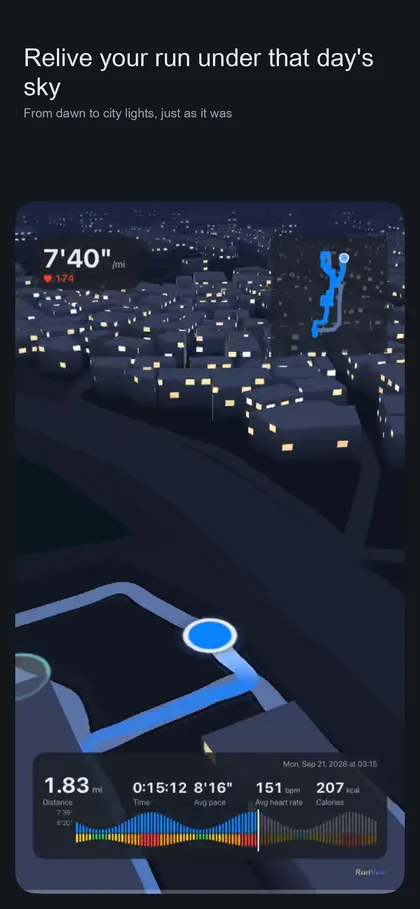 RunVue replay frame at night, a 3D city seen from a camera low above the road with a blue runner marker, pace 7:40 per mile, a mini-map and a pace and heart-rate waveform HUD along the bottom