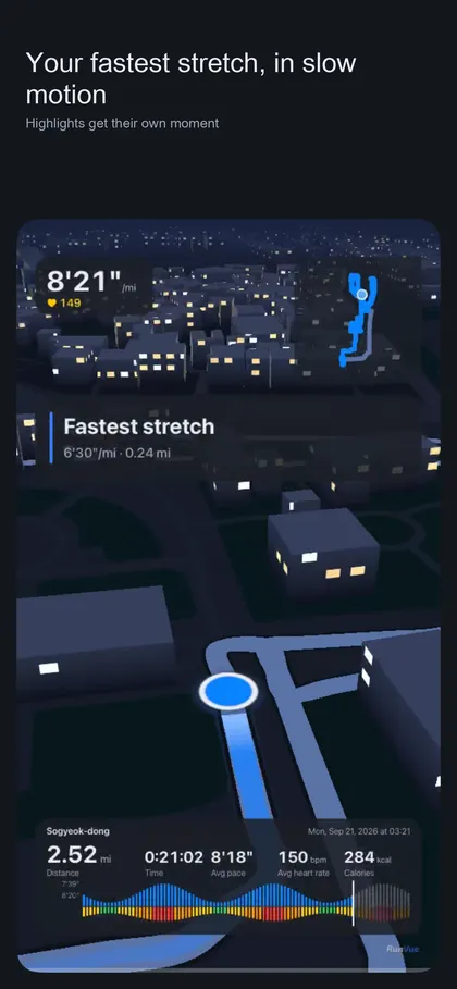 Replay frame with a Fastest stretch callout card and the HUD showing 8:21 per mile