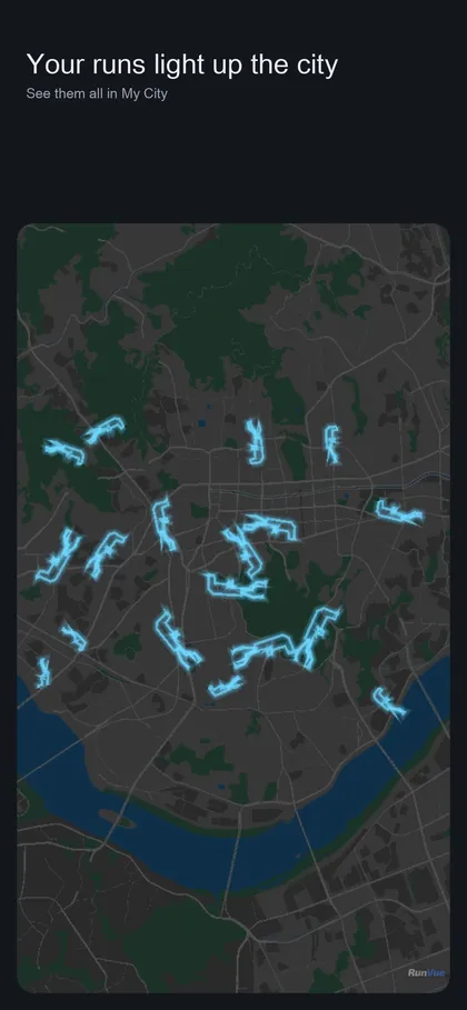 Dark city map with many glowing blue run routes layered across it, titled My City