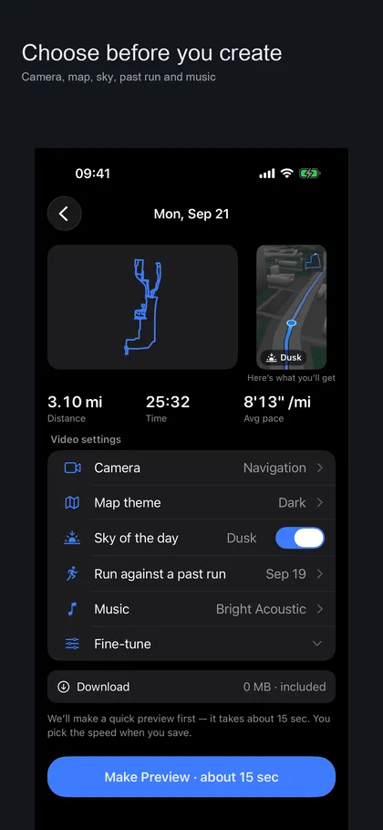 RunVue settings screen before creating a video, listing camera, map theme, sky of the day, run against a past run and music, with a Make Preview button