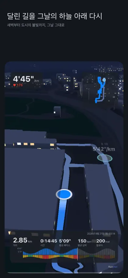 밤 도시를 길 위 낮은 카메라로 본 런뷰 리플레이 화면. 파란 러너 표시, 페이스 4'45"/km, 미니맵과 하단 속도·심박 파형 HUD