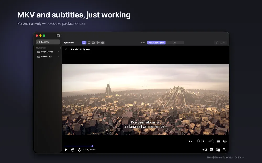 slplayer window playing an MKV movie with an English subtitle line and a playback control bar, on a dark background with the headline 'MKV and subtitles, just working'