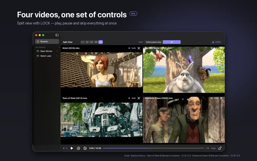 slplayer split view showing four videos in a two by two grid with one shared set of controls underneath