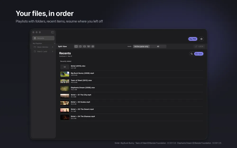 slplayer recents list with playlist folders and recently opened video files
