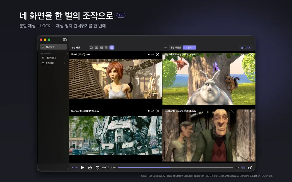 slplayer 분할 재생 화면. 영상 네 개가 2×2로 나란히 재생되고 아래에 하나의 조작 막대가 있다