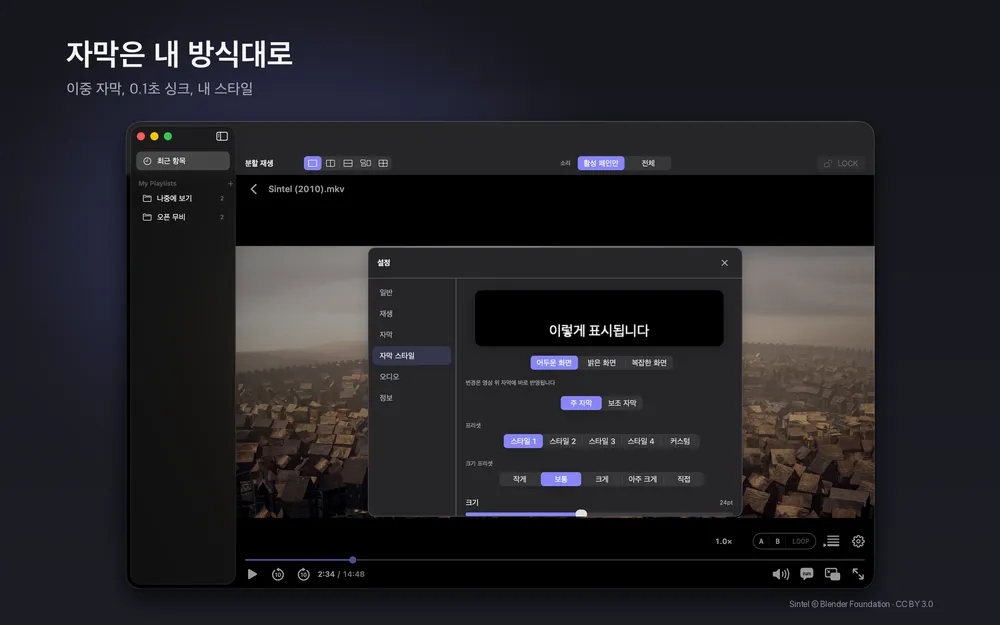 slplayer 자막 스타일 설정 창. 프리셋과 자막 모양 미리보기가 보인다