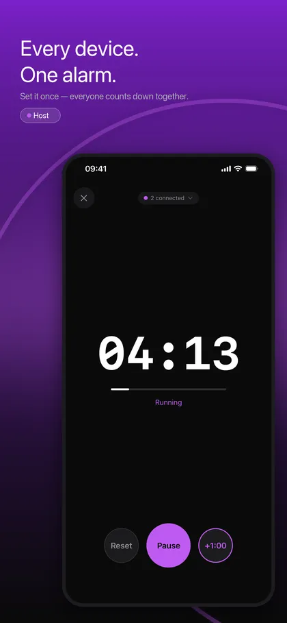 TimerLync host screen on a purple background showing 04:13 remaining, a Running label, and Reset, Pause and +1:00 buttons