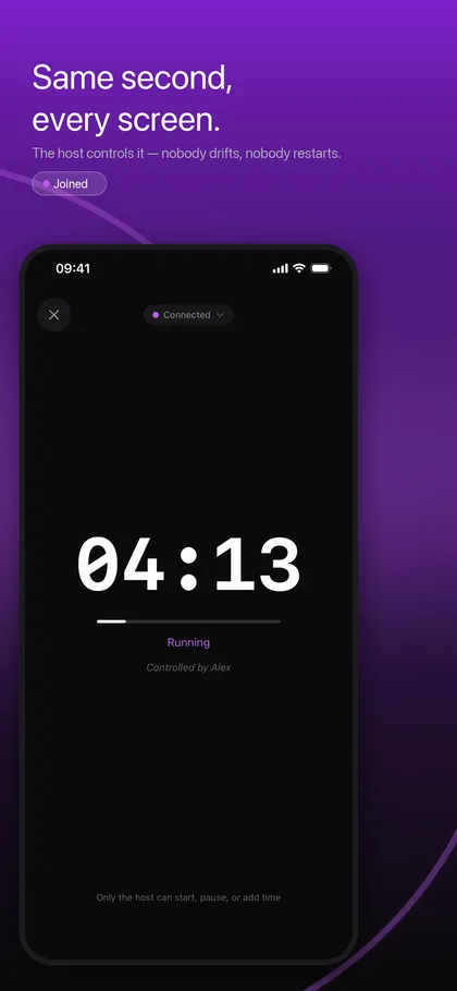 TimerLync participant screen showing the same 04:13 remaining with a note that the host controls the timer