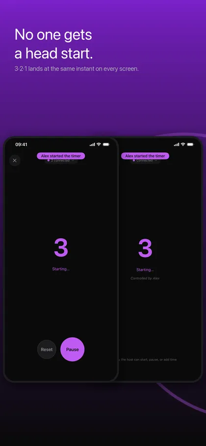 Two TimerLync screens side by side, both showing the number 3 of the shared 3-2-1 lead-in and a banner that Alex started the timer