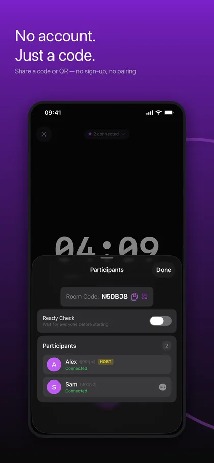 TimerLync participants sheet with a room code and QR icon, a Ready Check switch and two connected participants