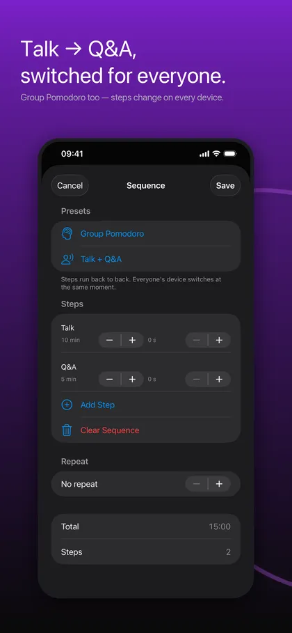 TimerLync Sequence editor with Group Pomodoro and Talk plus Q&A presets, steps of 10 and 5 minutes and a 15:00 total