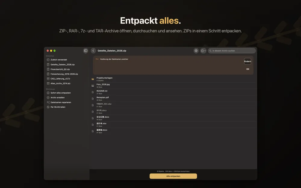 Zipda auf dem Mac zeigt den Inhalt von Geteilte_Dateien_2026.zip mit einem Banner zur Kodierung der Dateinamen und der Schaltfläche Alle entpacken