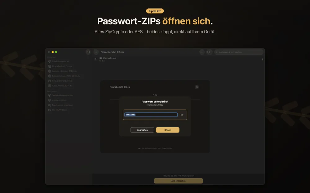 Zipda-Passwortabfrage für Finanzbericht_Q2.zip mit verdecktem Passwortfeld sowie den Schaltflächen Abbrechen und Öffnen