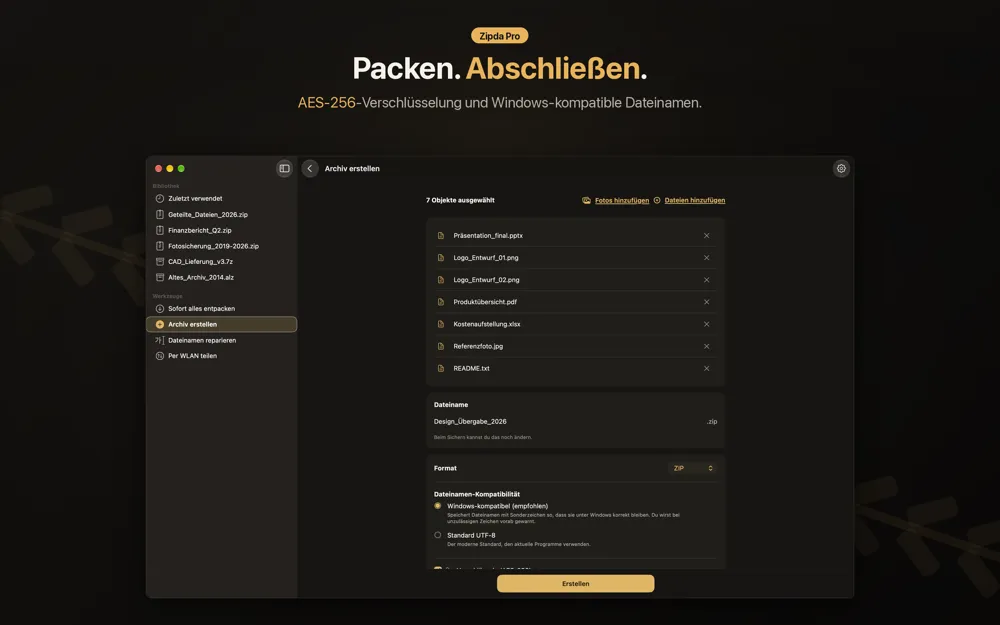 Zipda-Ansicht Archiv erstellen mit sieben ausgewählten Dateien, ZIP als Format und der Option Windows-kompatible Dateinamen