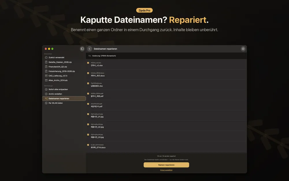 Zipda-Ansicht Dateinamen reparieren mit durchgestrichenen kaputten Namen über den reparierten Namen, erkannter Kodierung CP949 und der Schaltfläche Namen reparieren