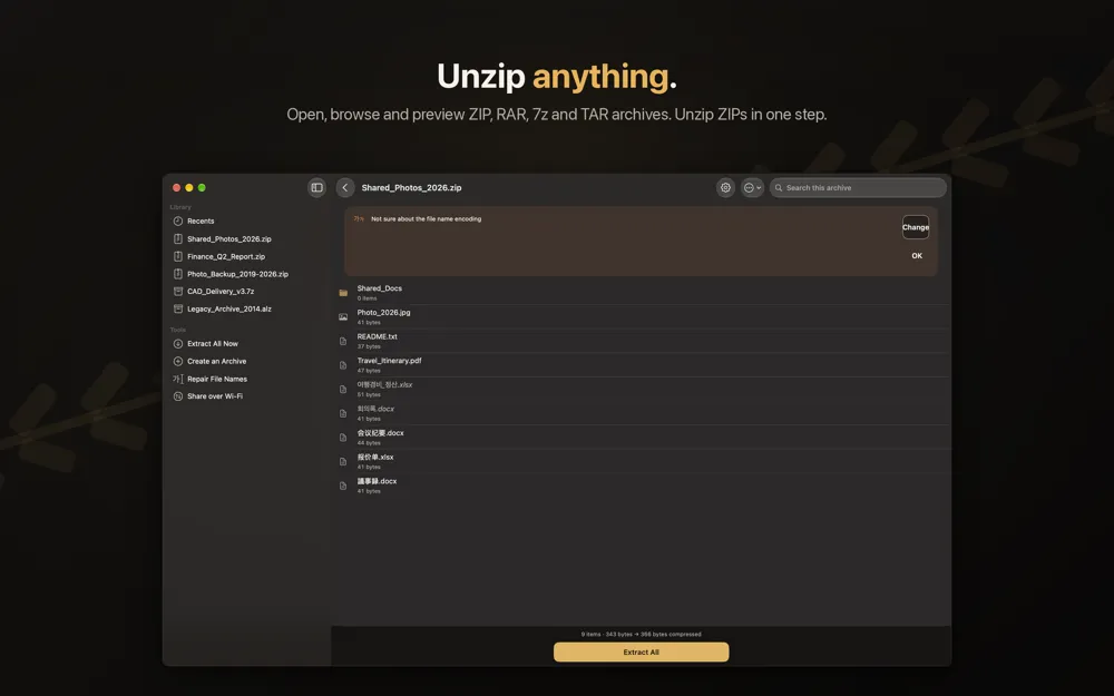 Zipda on a Mac showing the contents of Shared_Photos_2026.zip, with a banner asking whether the file name encoding is correct and an Extract All button