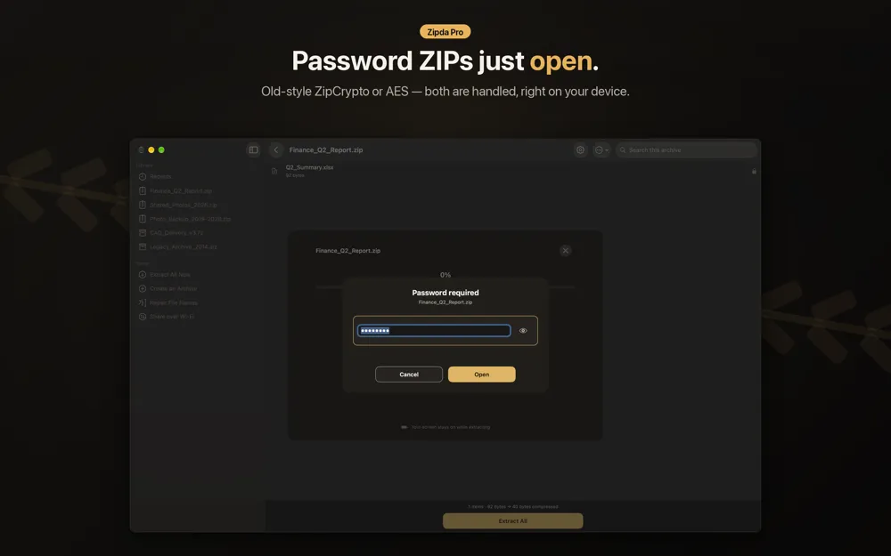 Zipda password prompt for Finance_Q2_Report.zip with a masked password field and Cancel and Open buttons