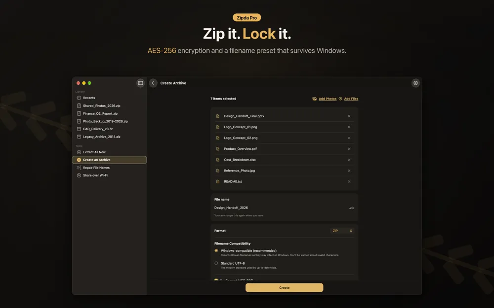 Zipda Create Archive screen listing seven selected files, a ZIP format menu and a Windows-compatible filename option