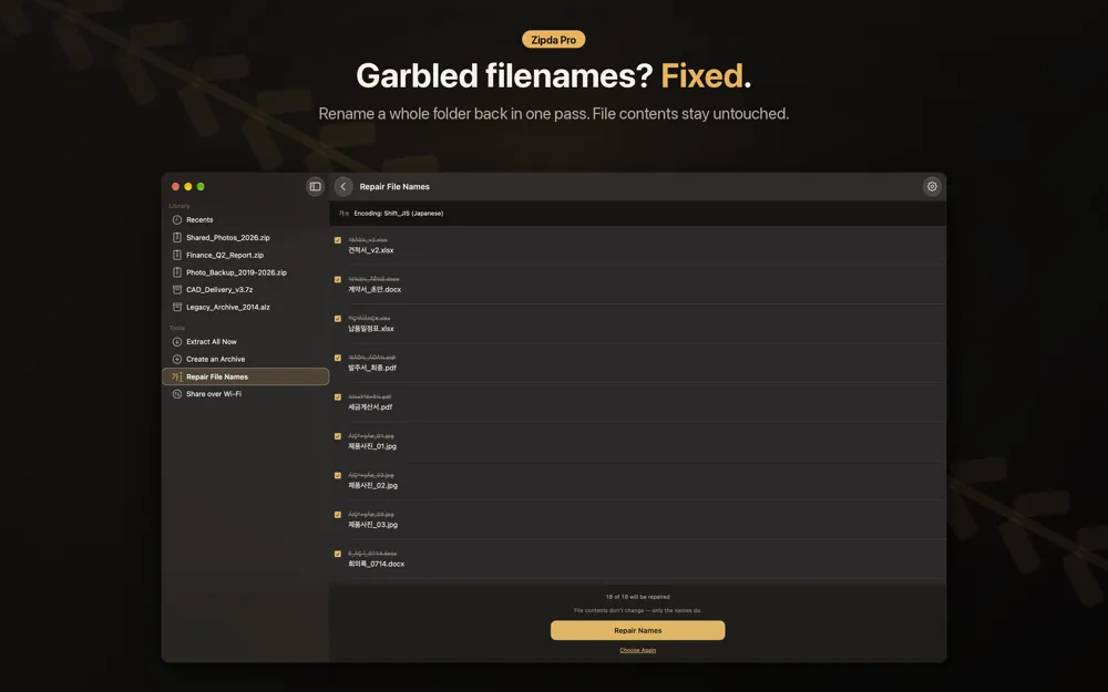 Zipda Repair File Names screen listing struck-through garbled names above their repaired names, with the detected Shift_JIS encoding and a Repair Names button